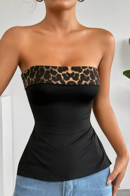 Leopard Trim Strapless Top