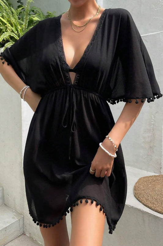 Black Pom-Pom Trim Beach Dress