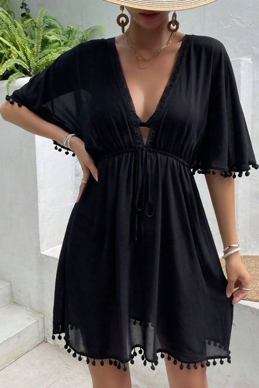 Black Pom-Pom Trim Beach Dress